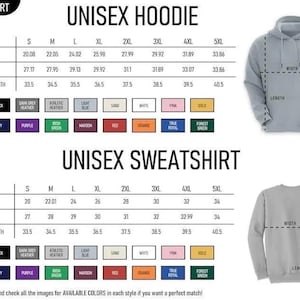 Pu&ograve; includere: Tabella delle taglie per felpe con cappuccio e felpe unisex, che mostra le misure di larghezza, lunghezza e lunghezza delle maniche in pollici. Include opzioni di colore come nero, blu navy e viola. La tabella mostra anche le taglie dalla S alla 5XL.