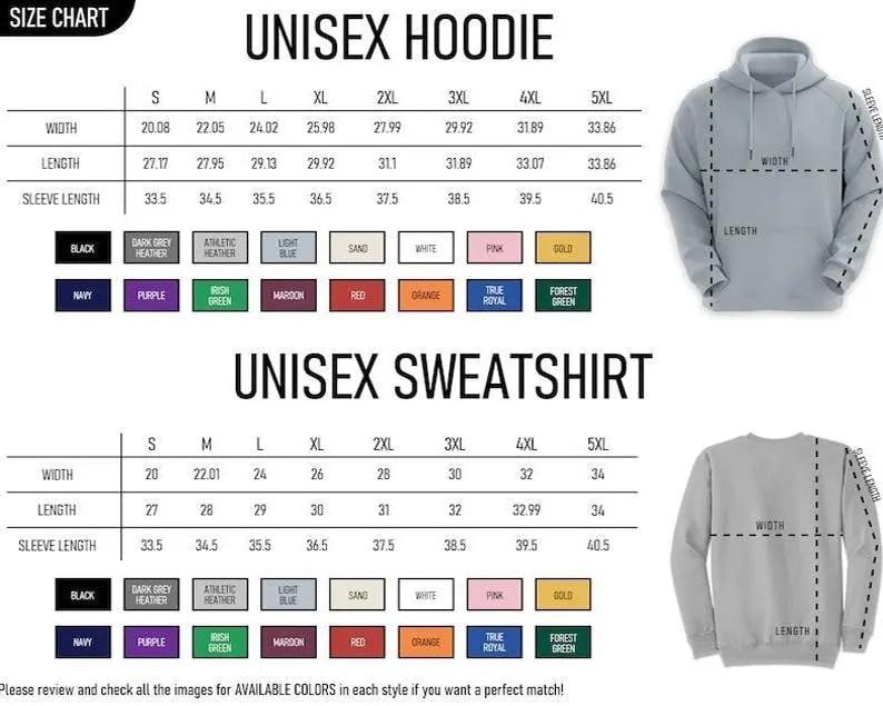 Pu&ograve; includere: Tabella delle taglie per felpe con cappuccio e felpe unisex, che mostra le misure di larghezza, lunghezza e lunghezza delle maniche in pollici. Include opzioni di colore come nero, blu navy e viola. La tabella mostra anche le taglie dalla S alla 5XL.