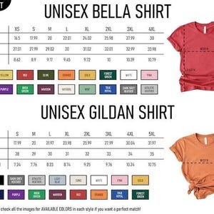 Pu&ograve; includere: Tabella delle taglie per le magliette Unisex Bella e Gildan. Include le misure di larghezza, lunghezza e lunghezza delle maniche in pollici. Le opzioni di colore sono visualizzate sotto la tabella delle taglie, con esempi di magliette rosse e arancioni.