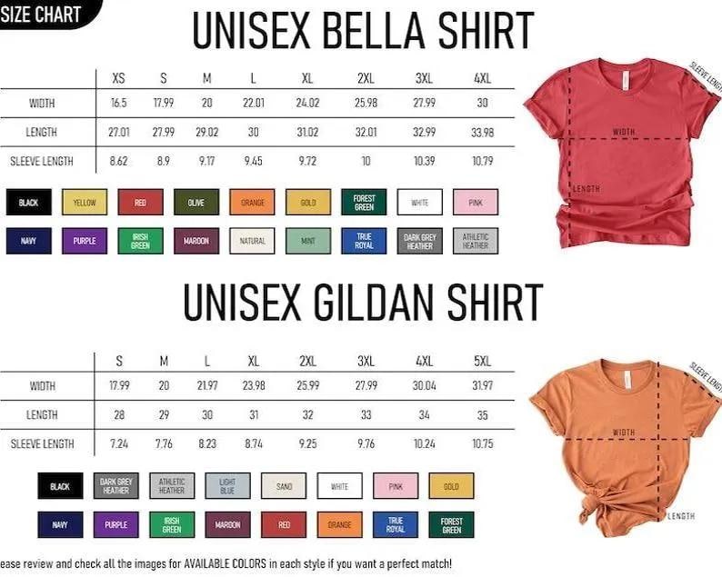 Pu&ograve; includere: Tabella delle taglie per le magliette Unisex Bella e Gildan. Include le misure di larghezza, lunghezza e lunghezza delle maniche in pollici. Le opzioni di colore sono visualizzate sotto la tabella delle taglie, con esempi di magliette rosse e arancioni.