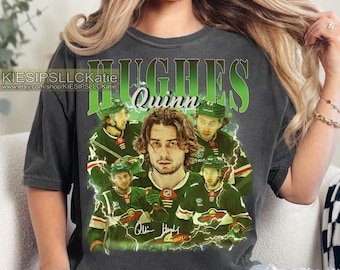 Koszulka z grafiką w stylu vintage hokejowym Quinn Hughes Comfort Colors, koszulka unisex dla fanów NHL w stylu retro, koszulka Quinn Hughes, koszulka vintage Hughes
