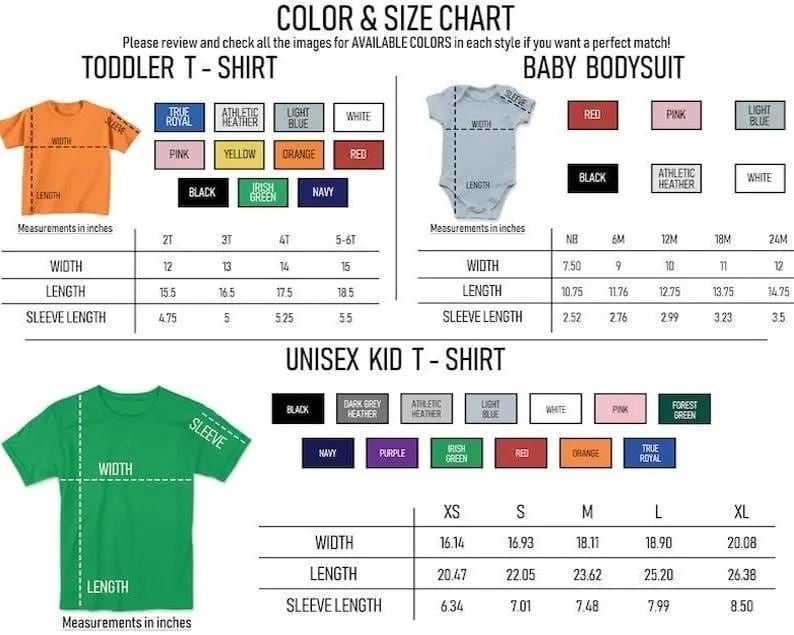 Pu&ograve; includere: Tabella colori e taglie per t-shirt per bambini piccoli, body per neonati e t-shirt unisex per bambini. Include misure in pollici per larghezza, lunghezza e lunghezza manica, con campioni di colore.