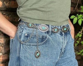 Frauen Western Concho Kettengürtel 100% mit Oval Jade Steinen Southwestern Cowgirl Festival Gürtel Türkis Concho Silber Taille Kette Gürtel
