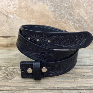 Tooled Western Floral Engraved Leather Belt 100% Genuine Full Grain Cowhide with Snaps 1-1/2 WIDE Leather Snap-On Belt image 2