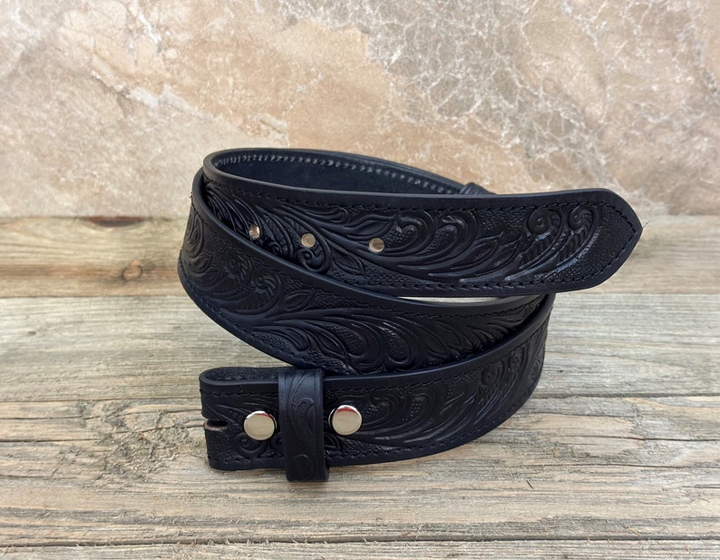 Tooled Western Floral Engraved Leather Belt 100% Genuine Full Grain Cowhide with Snaps 1-1/2 WIDE Leather Snap-On Belt image 2