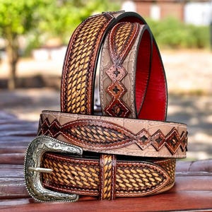 Western Tooled Leather Belt Floral Engraved Leather Belt Genuine Full Grain Cowhide Leather 1.5&quot; Wide Interchangeable Buckle Cowboy Belt