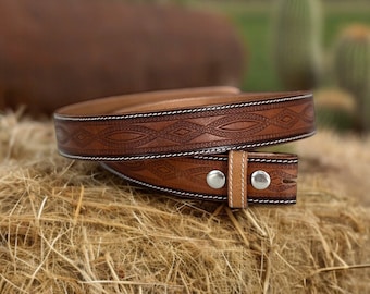 Tooled Western Embossed Engraved Leather Belt Cowboy Style Genuine Full Grain Cowhide with Snaps 1-1/2" WIDE Leather Snap-On Belt