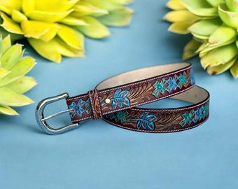 Western Leather Belt Tooled Western Floral Engraved Leather  display picture 1