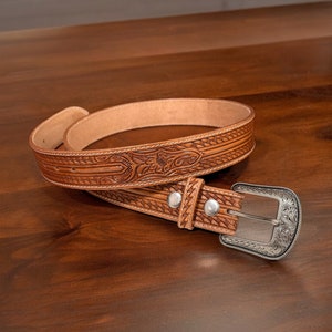 Western Leather Belt Tooled Floral Engraved 100% Genuine Full Grain Cowhide Leather Belt with Buckle 1.5&quot; Wide Leather Snap-On Belt