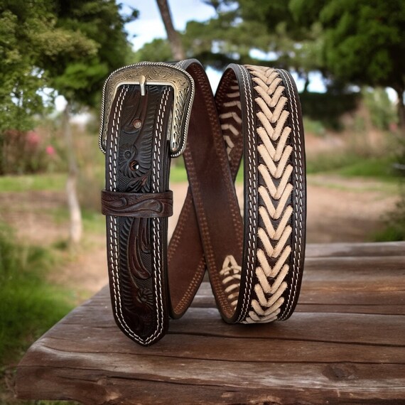 Tooled Western Floral Engraved Leather Belt Men's Genuine Full
