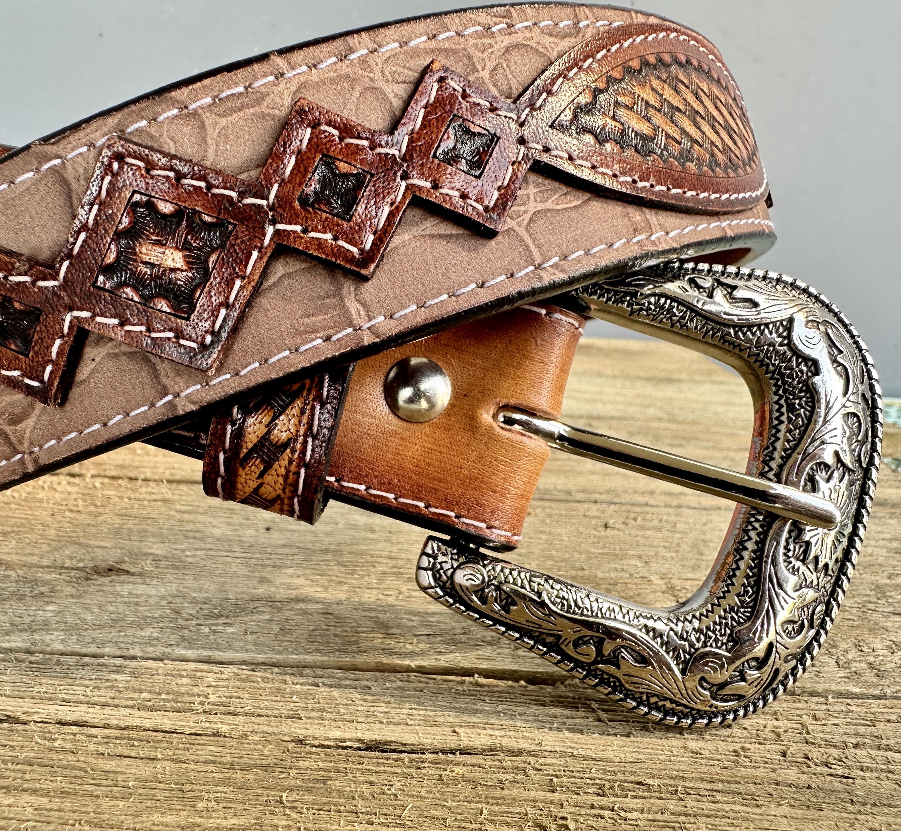 Grey Tooled Genuine Full Grain Cowhide Leather Western Belt Ornate Buckle 42 Tooled Western Floral Engraved Leather Belt 100% Genuine  main image 3