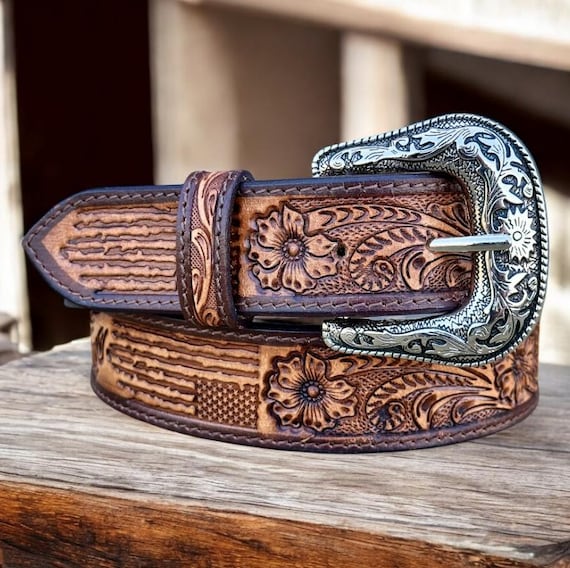 Tooled Western Floral Leather Belt Men Genuine Full Grain Cowhide