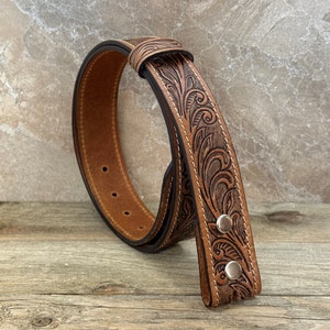 Tooled Western Floral Engraved Leather Belt 100% Genuine Full Grain Cowhide with Snaps 1-1/2 WIDE Leather Snap-On Belt image 2