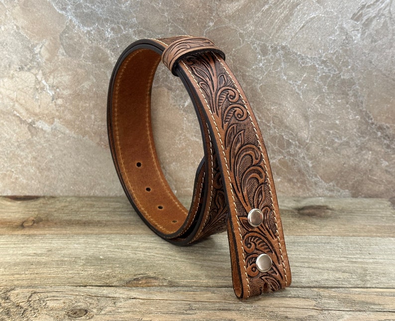 Tooled Western Floral Engraved Leather Belt 100% Genuine Full Grain Cowhide with Snaps 1-1/2 WIDE Leather Snap-On Belt image 2