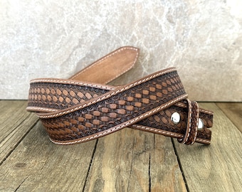 Full Grain Leather Snap-On Belt, Tooled Western Floral Engraved Leather Belt 100% Genuine Full Grain Cowhide with Snaps 1-1/2&quot; WIDE