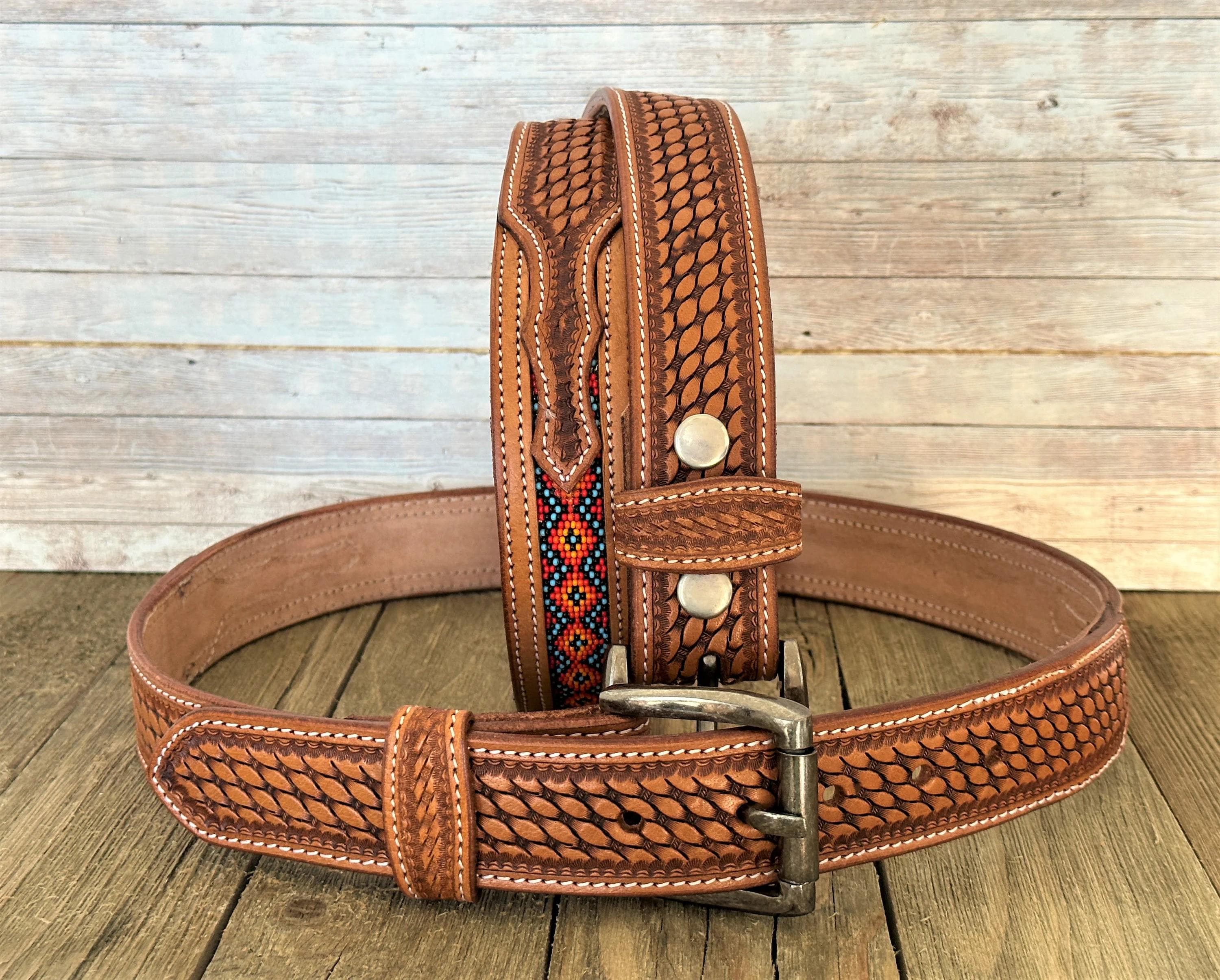 Tooled Western Beaded Engraved Leather Belt 100% Genuine Full Grain Cowhide with Snaps 1-1/2" WIDE Leather Snap-On Belt