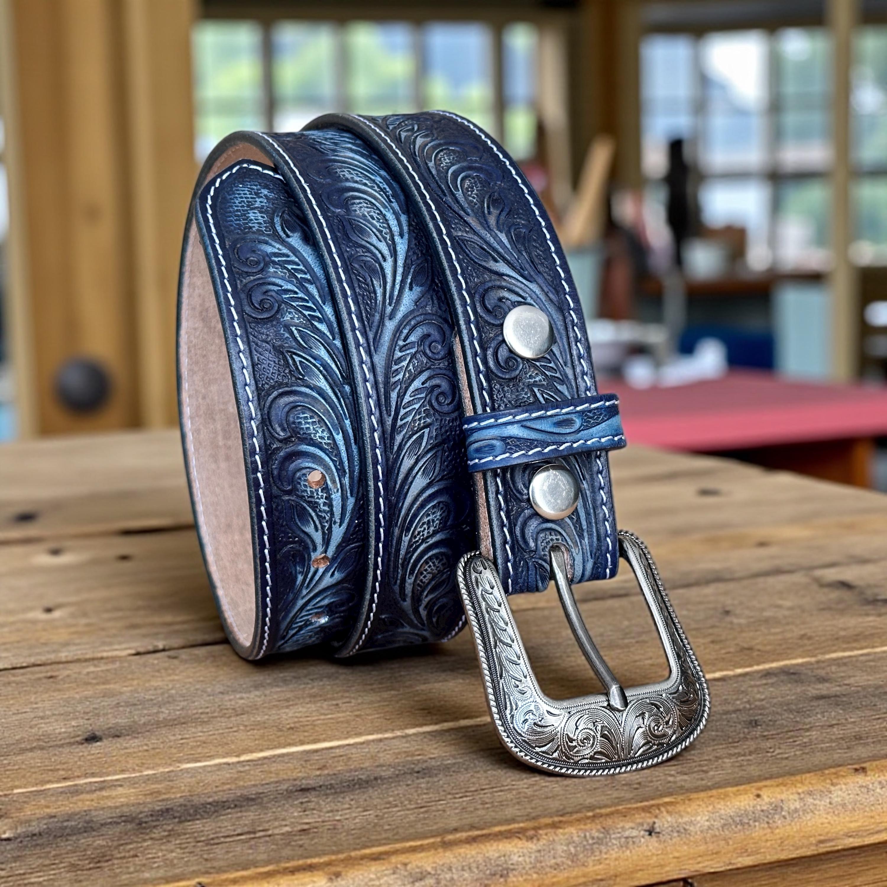 Tooled Western Floral Engraved Leather Belt 100% Genuine Leather 1-1/2" Wide Leather Snap-On Belt with Removable Buckle Blue Color