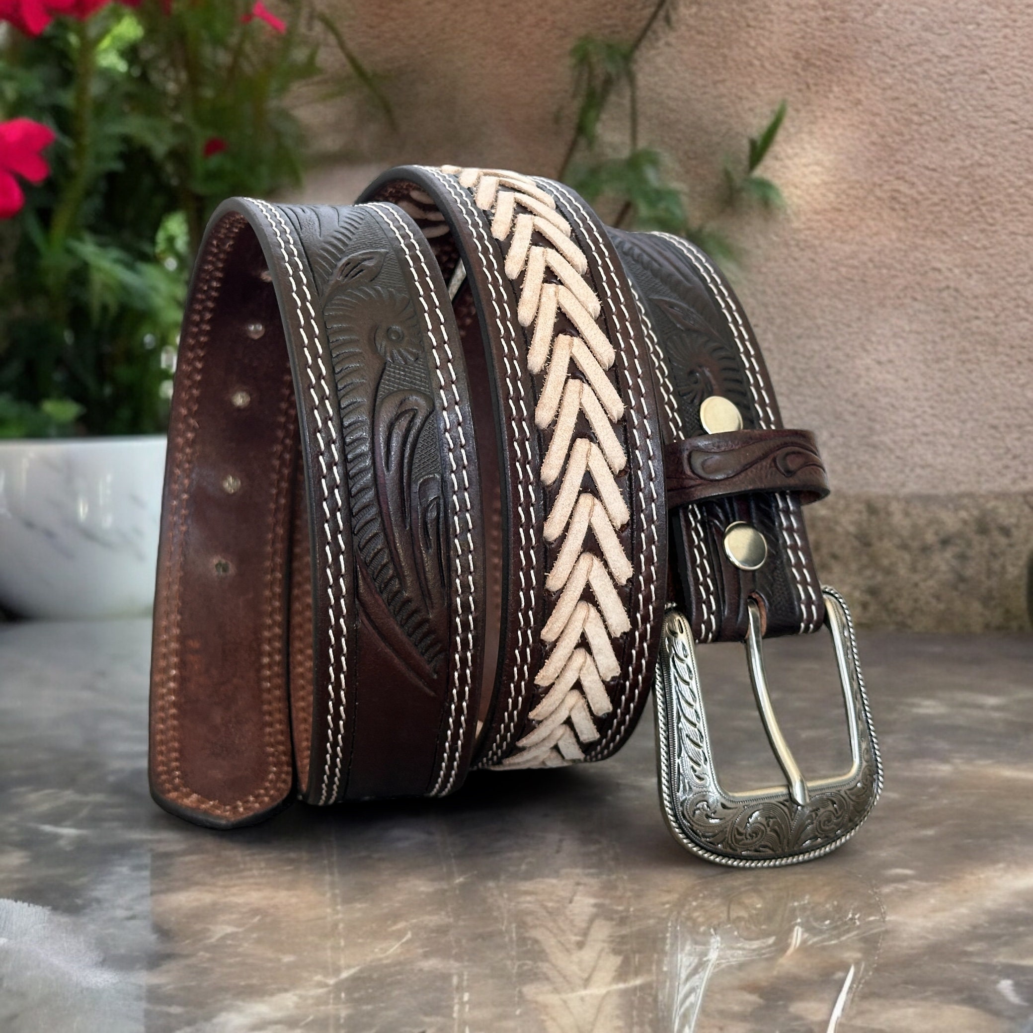 Grey Tooled Genuine Full Grain Cowhide Leather Western Belt Ornate Buckle 42 Tooled Western Floral Engraved Leather Belt 100% Genuine  main image 2