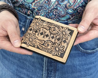 Western Cowboy Leather Wallet Cowhide Leather Handmade Wallet Tooled Bifold Floral Leather Men and Women Wallet Western Accessories