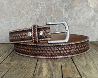 Western Genuine Full Grain Cowhide Leather Belt for Men Embossed with Buckle Tooled Western Engraved Belt 1.5" Wide Leather Snap-On Belt