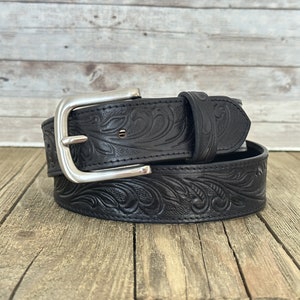 Tooled Western Floral Engraved Leather Belt 100% Genuine Full Grain Cowhide with Snaps 1-1/2 WIDE Leather Snap-On Belt image 9