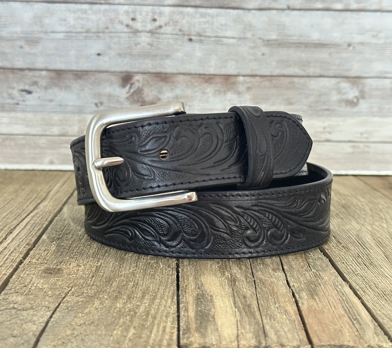 Tooled Western Floral Engraved Leather Belt 100% Genuine Full Grain Cowhide with Snaps 1-1/2 WIDE Leather Snap-On Belt image 9