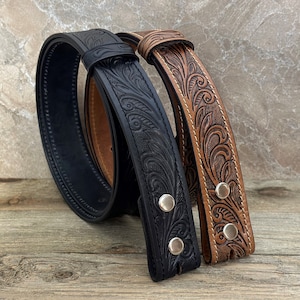 Tooled Western Floral Engraved Leather Belt 100% Genuine Full Grain Cowhide with Snaps 1-1/2 WIDE Leather Snap-On Belt image 4