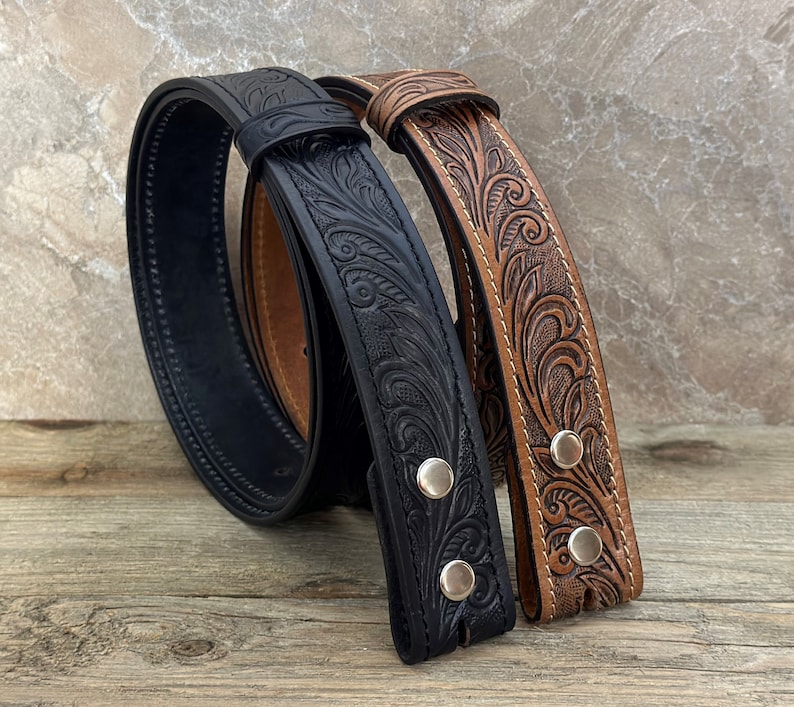 Tooled Western Floral Engraved Leather Belt 100% Genuine Full Grain Cowhide with Snaps 1-1/2 WIDE Leather Snap-On Belt image 4