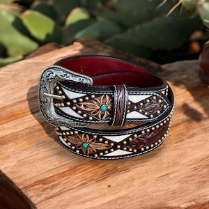 Men&#39;s Tooled Western Floral Leather Belt Genuine Full Grain Cowhide Leather Belt with Western Cowboy Buckle 1.5&quot; Wide Leather Embossed Belt