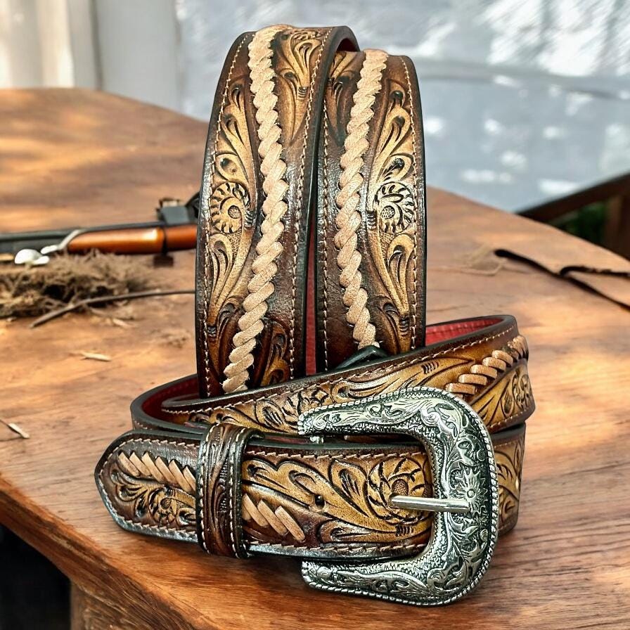 Cintura In Pelle Marrone Fatta A Mano Per Uomo, Stile Western, Esclusiva Cintura Charro, Cinto Vaquero Fino, Cintura In Pelle Intagliata Da Cowboy Rodeo - Italia - Foto 11