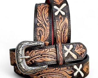 Western leren riem voor mannen Echte volnerf rundleer riem met westerncowboygesp 1,5" brede riem met reliëf