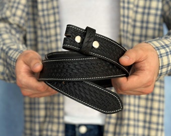 Full Grain Leather Snap-On Belt, Tooled Western Floral Engraved Leather Belt 100% Genuine Full Grain Cowhide with Snaps 1-1/2&quot; WIDE