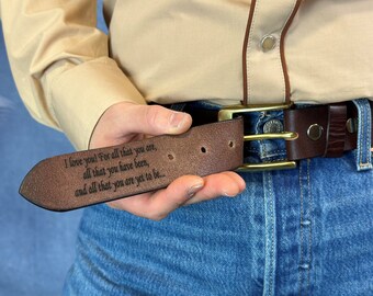 Engraved Personalized Handmade  Genuine Leather Cowboy Belt, Custom Belt For Dad, Engraved Leather Belt for 3rd Anniversary