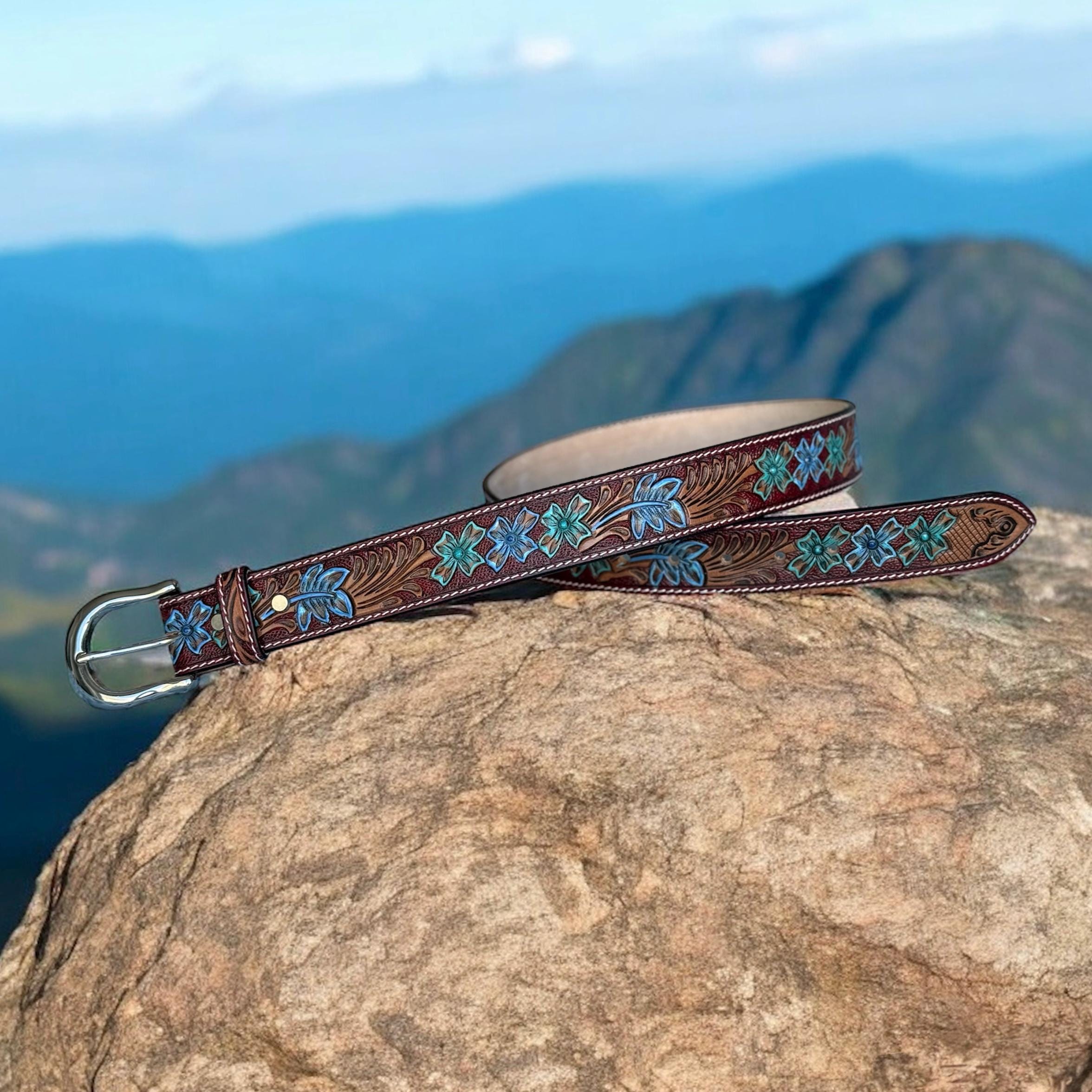 Western Leather Belt Tooled Western Floral Engraved Leather 