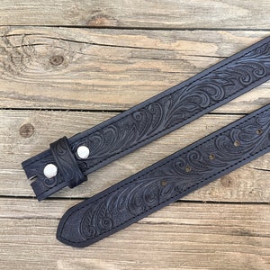 Tooled Western Floral Engraved Leather Belt 100% Genuine Full Grain Cowhide with Snaps 1-1/2 WIDE Leather Snap-On Belt image 3