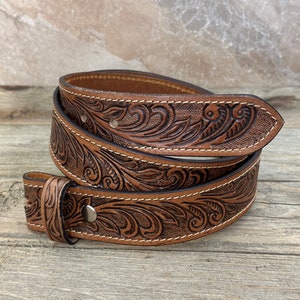 Tooled Western Floral Engraved Leather Belt 100% Genuine Full Grain Cowhide with Snaps 1-1/2" WIDE Leather Snap-On Belt