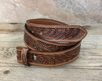 Tooled Western Floral Engraved Leather Belt 100% Genuine Full Grain Cowhide with Snaps 1-1/2" WIDE Leather Snap-On Belt