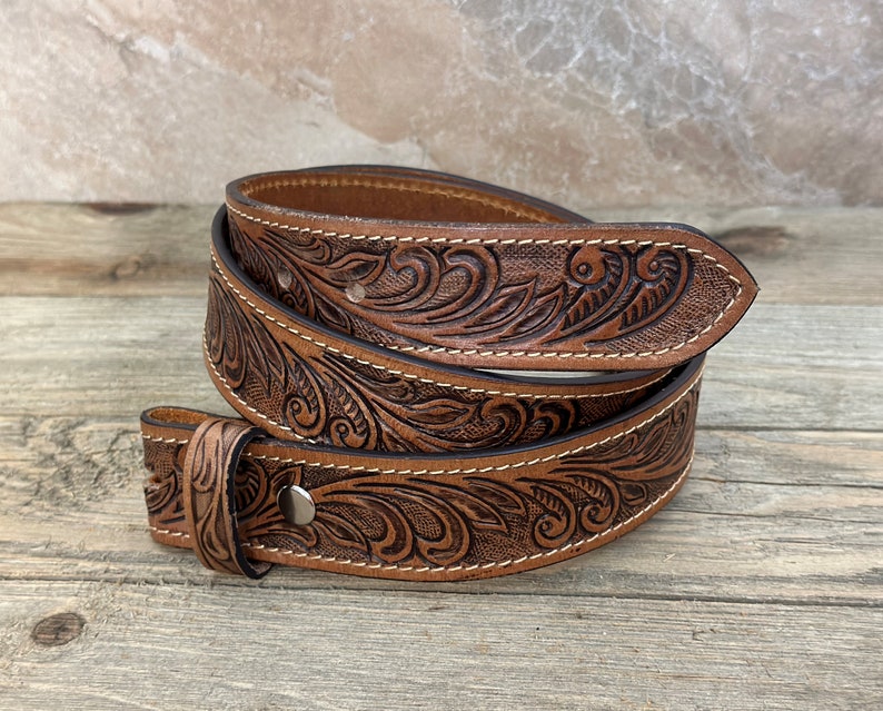 Tooled Western Floral Engraved Leather Belt 100% Genuine Full Grain Cowhide with Snaps 1-1/2 WIDE Leather Snap-On Belt image 1