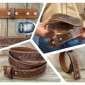 Tooled Western Floral Engraved Leather Belt 100% Genuine Full Grain Cowhide with Snaps 1-1/2 WIDE Leather Snap-On Belt image 7