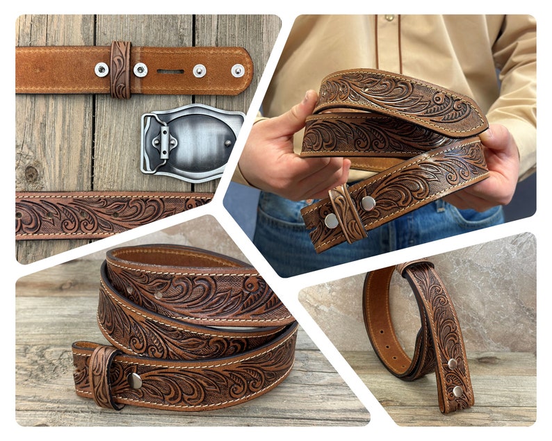 Tooled Western Floral Engraved Leather Belt 100% Genuine Full Grain Cowhide with Snaps 1-1/2 WIDE Leather Snap-On Belt image 7