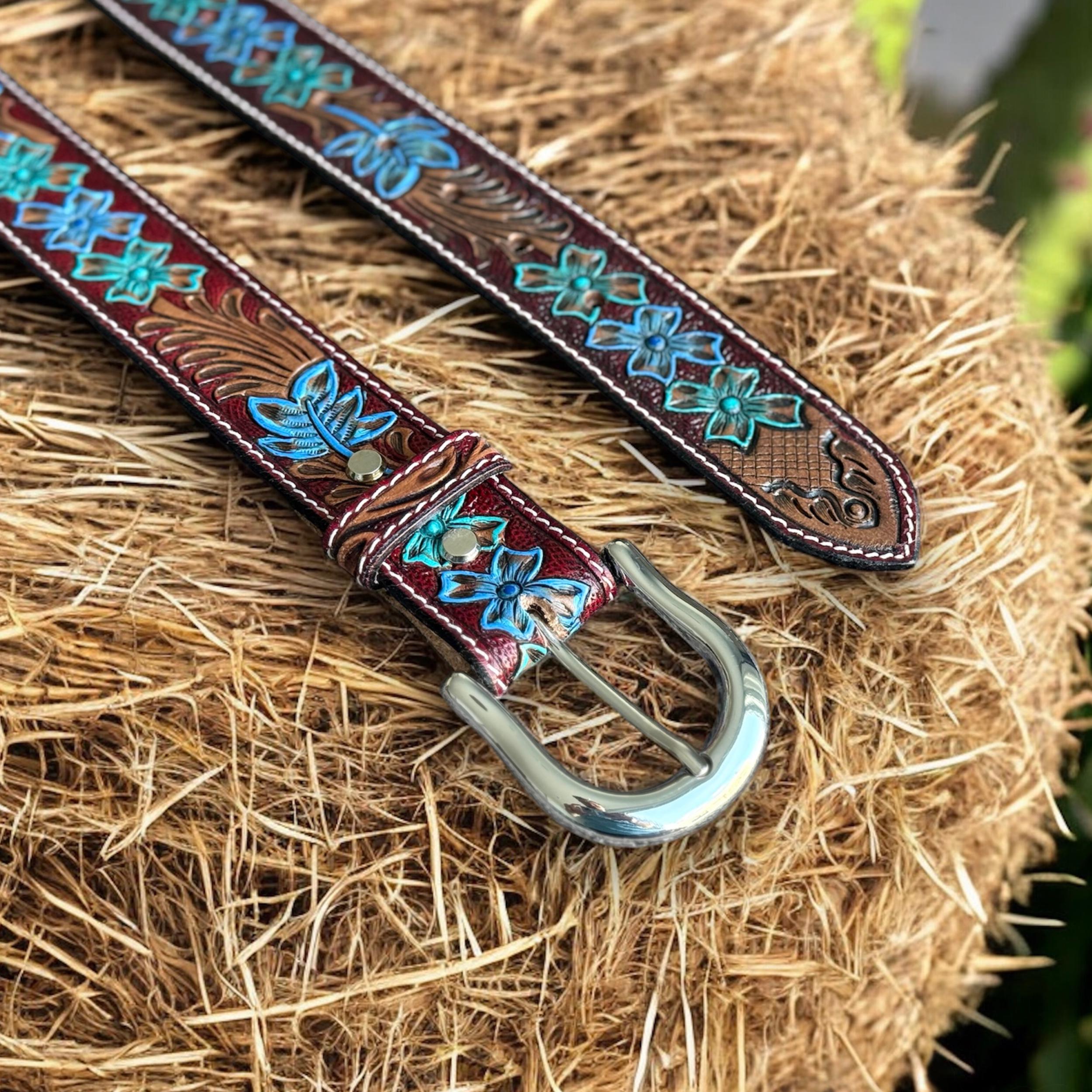 Western Leather Belt Tooled Western Floral Engraved Leather  display picture 3