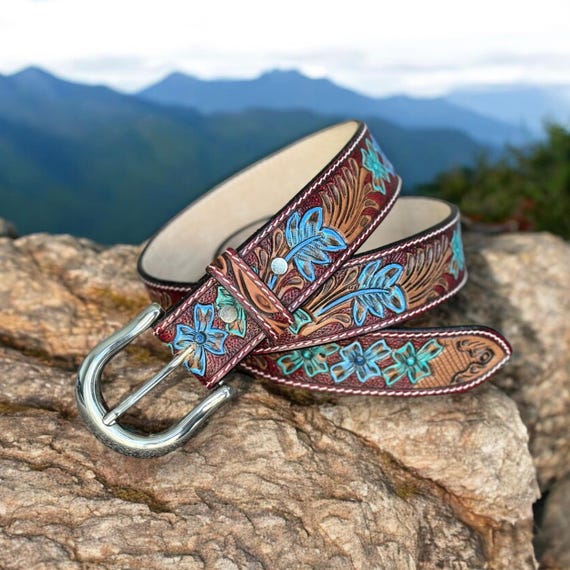 Western Leather Belt Tooled Western Floral Engraved Leather  display picture 3