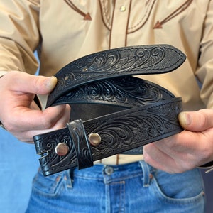 Tooled Western Floral Engraved Leather Belt 100% Genuine Full Grain Cowhide with Snaps 1-1/2 WIDE Leather Snap-On Belt image 1