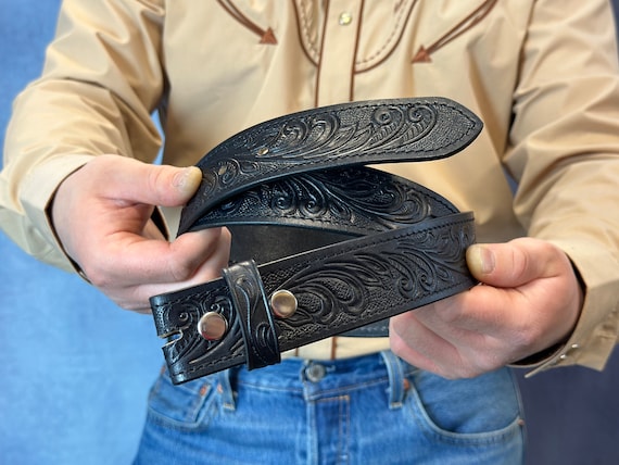 Tooled Western Floral Engraved Leather Belt 100% Genuine Full Grain Cowhide Leather with Snaps Buttons 1-1/2" Wide Leather Snap-On Belt