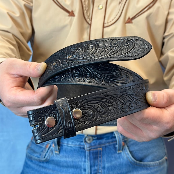 Cinturón de cuero con grabado floral estilo western, 100 % piel de vacuno auténtica de grano completo, con broches de presión de 3,8 cm de ancho.