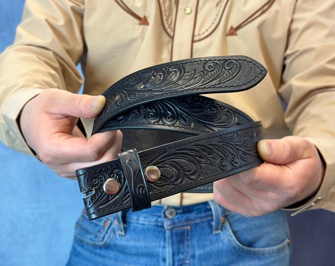 Tooled Western Floral Engraved Leather Belt 100% Genuine Full Grain Cowhide Leather with Snaps Buttons 1-1/2" Wide Leather Snap-On Belt