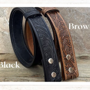 Tooled Western Floral Engraved Leather Belt 100% Genuine Full Grain Cowhide with Snaps 1-1/2 WIDE Leather Snap-On Belt image 5