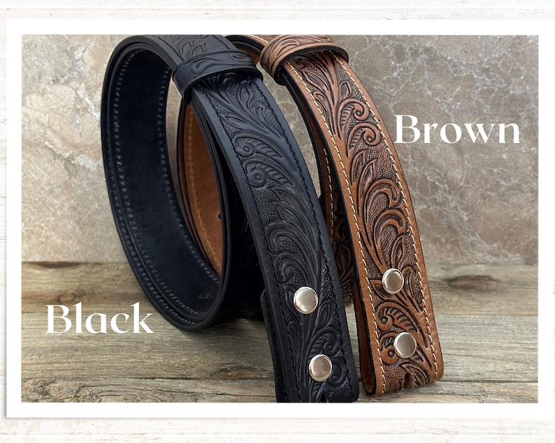 Tooled Western Floral Engraved Leather Belt 100% Genuine Full Grain Cowhide with Snaps 1-1/2 WIDE Leather Snap-On Belt image 5