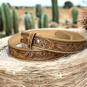 Western Floral Engraved Leather Belt Tooled 100% Genuine Full Grain Cowhide Belt Strap with Snaps 1-1/2&quot; Wide Leather Snap-On Belt Strap