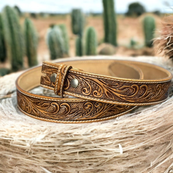 Western Floral Engraved Leather Belt Tooled 100% Genuine Full Grain Cowhide Belt Strap with Snaps 1-1/2" Wide Leather Snap-On Belt Strap